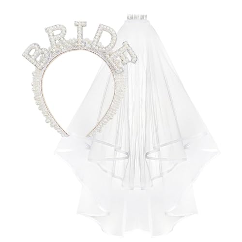 MUNSKT Kit de 2 piezas de diadema de novia con perlas brillantes para novia, tiara para novia, diadema para novia, regalo de despedida de soltera, velo