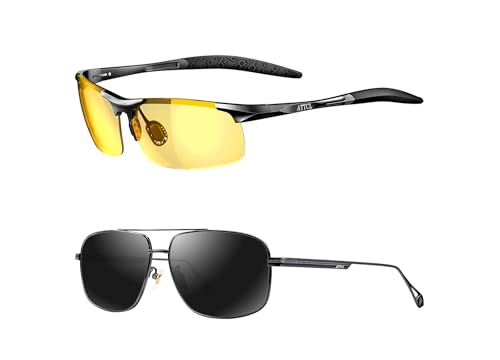 ATTCL Bundle Men's Vintage Driving Polarized Sunglasses Rectangular Metal Frame:(8177-yeshi)+(2022-Black+grey)