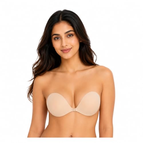 Image of KASHIVAL Women's Strapless Adhesive Bra, Reusable Silicone Push-Up Sticky Bra with Front Clip Closure for Backless and Halter Neck Outfits Fee Size