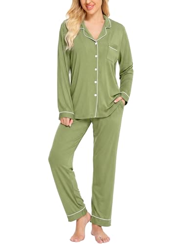 Image of SWOMOG Womens Pajamas Set Long Sleeve Sleepwear Button Down Nightwear Soft Cotton Pj Lounge Sets