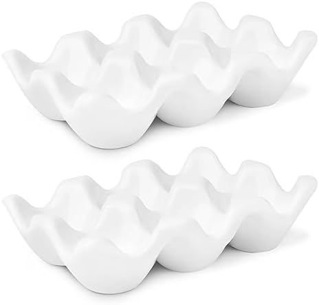 Flexzion Porcelain Egg Crate - 6-Egg Capacity Ceramic Egg Tray, Half Dozen Egg Holder for Fridge, Countertop Display - White Decorative Serving Dish and Storage Organizer, 2 Pack