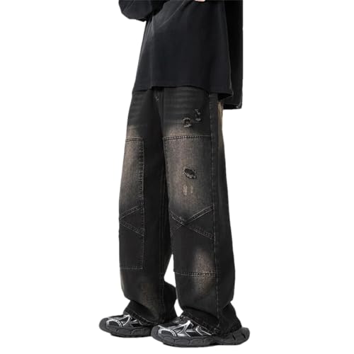 Men Washed Jeans Street Trousers Wide Leg Pant Button Streetwear Hip Hop Heavy Style Denim Pants