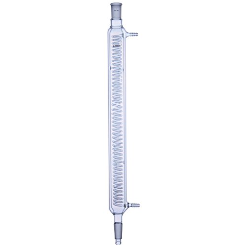 Laboy Glass Double-Jacketed Coiled (Graham) Condenser with 24/40 Standard Taper Joints, 500mm Jacket Length, Borosilicate 3.3 Reflux & Distillation Lab Glassware with Removable Hose Connections