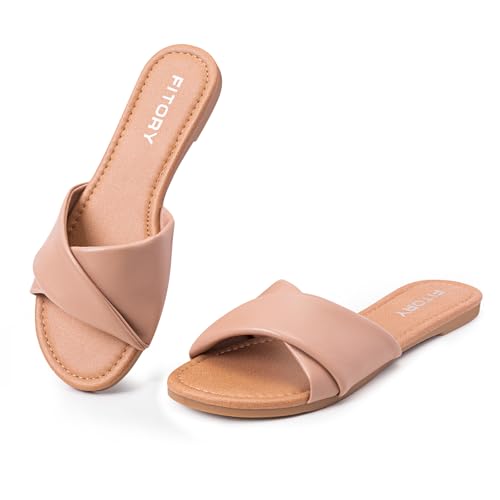 FITORY Women's Flat Sandals Fashion Slides With Soft Leather Slip...