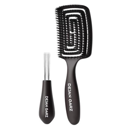 Dejan Garz Bürste mit Wildschweinborsten Schwarz (1 Stk) – Haarbürste ohne Ziepen für feines & mittleres Haar – Hair Brush für Glanz & Geschmeidigkeit inkl. Reinigungsbürste