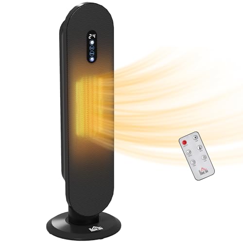 HOMCOM Ceramic Space Heater, Indoor Tower Heater with 2 Heat, Oscillation, Remote Control, Timer, Tip-Over & Overheating Protection, 1200W/2000W, Black