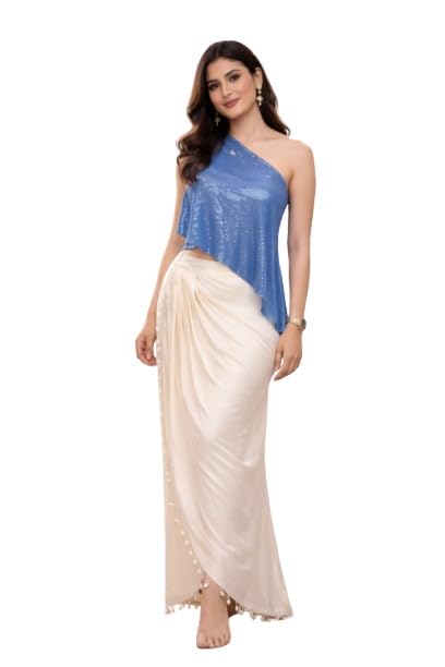 Women's Blue One Shoulder Sequin Top with White Draped Skirt | Festive-picture-33