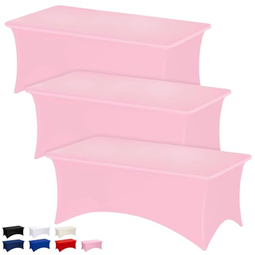 Fixwal 3 Pack 8FT Pink Birthday Tablecloth Spandex Fitted Table Cover