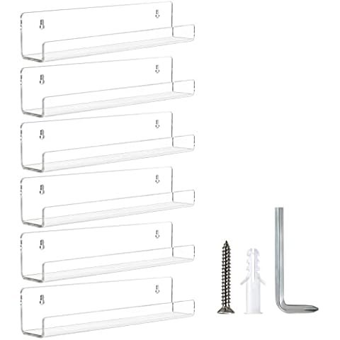 LileZbox Acrylic Clear Floating Shelves, Wall Mounted Acrylic Invisible Bookshelf,Spice Rack Organizer,Storage Shelves Display Organizer on Kids Room, Bathroom, Kitchen, Bedroom (6, 15 x 4.3 inch) Cover