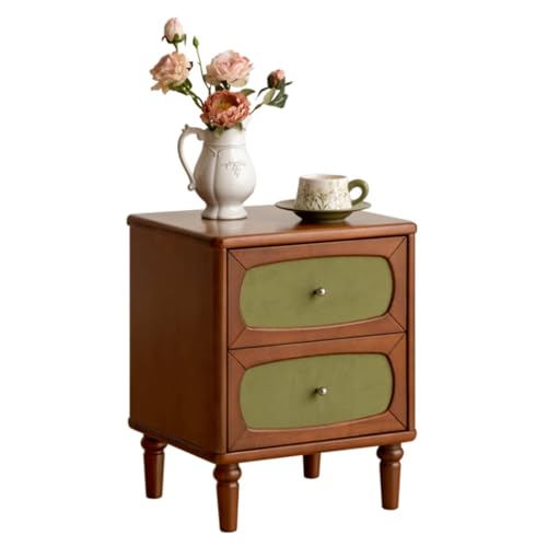 YESWOOD 100% Solid Wood Nightstand, Mid Century Modern Nightstand with Drawers, Wooden Nightstands for Bedroom, Small Night Stand Bedside Tables for Dorm (Green Velvet Drawer, Teak Finish)