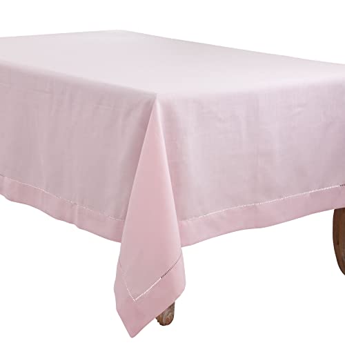 SARO LIFESTYLE Classic Hemstitch Tablecloth - Elegant Everyday Tablecloth with Textured Fabric and Hemstitched Border for Dining Tables and Formal Entertaining, 70"x160", Pink