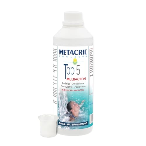Metacril Top 5 Multiaction + Bicchierino Dosatore Graduato, Non Schiumogeno, Elimina Alghe, Anticalcare, Flocculante, Azzurrante, per Piscina o Spa idromassaggio - 1 LT