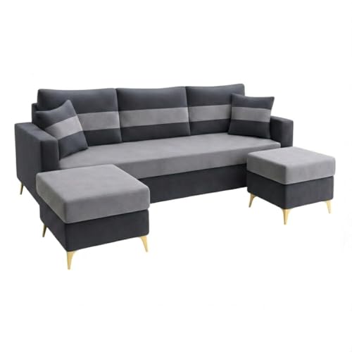 Image of SOCOZI Bastian 5 Seater L Shape Sofa Set with 2 Movable Ottomans | Flexible Layout| Soft Velvet Suede Fabric|Modern Sofa with Golden Legs|Comfort Cushions for Living Room (Light Grey-Dark Grey)