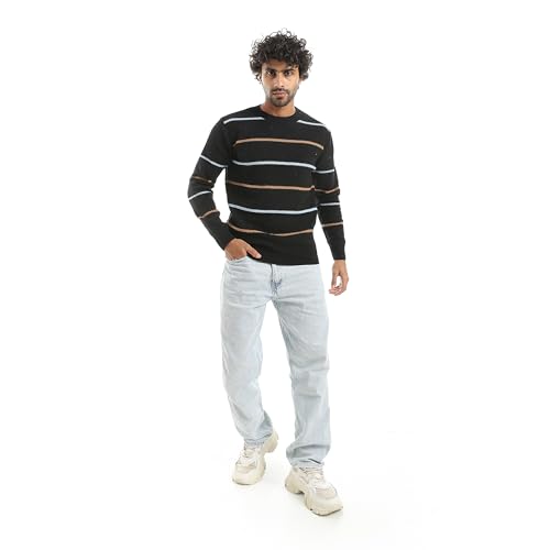 Andora Long Sleeves striped Round Neck Sweater_ black_ L