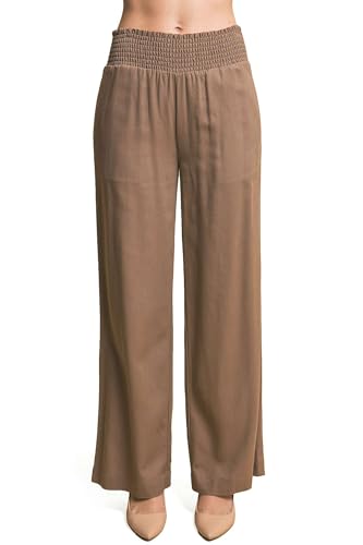 Love Tree Womens Juniors High Rise Shirred Smocked Waist Linen Pants (Mocha, Medium)
