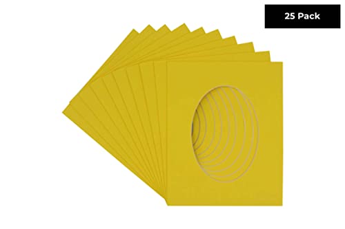 CountryArtHouse Yellow Acid Free 8x10 Oval Picture Frame Mat with White Core Bevel Cut for 6x8 Pictures - Fits 8x10 Frame - Pack of 25 Matboard Show Kits with Acid Free Backings & Clear Bags