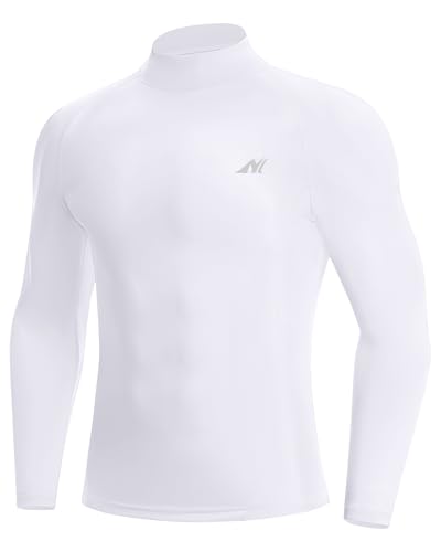 Nakuvara Long Sleeve Compression Shirt Men, Mock Neck UPF 50+ Quick Dry Undershirt, Athletic Base Layer Top for Gym White