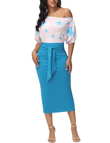 Womens Floral Print Cocktail Off Shoulder Belted Work Midi Pencil Dress4