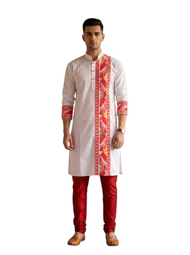 Image of Men's Jamdani Printed Kurta Pajama Set | Pure Cotton Ethnic Kurta with Mandarin Collar & Dupion Silk Pyjama | Festive & Weddings 303A12A 303SB12B(M XXL)