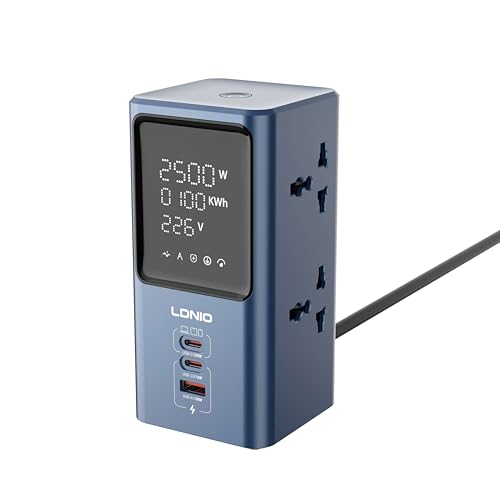 Image of T Teclusive Gan Tower Power Strip Extension Board with 45W Type C USB Display | 4 Sockets with 45W Gan QC PD Super Fast Charging | Vertical Multi Port Extension with LED Screen | 2M Cord | 2 Pin