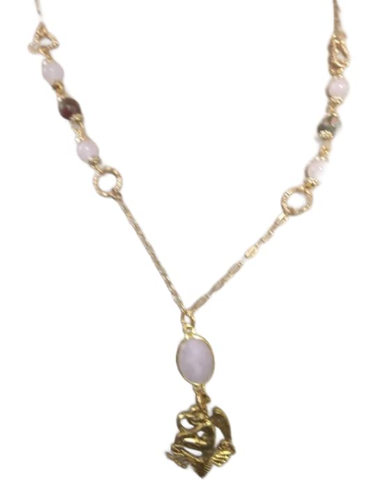 Collier mi-long quartz rose rhodonite ange en minéraux véritables polis à la main