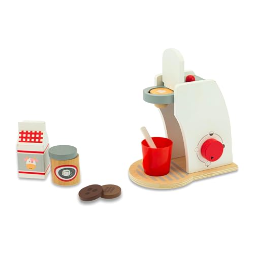 Teorema Giocattoli- Set Giocattolo per preparare Macchina del caffè in Legno, cialde, Latte e Zucchero, Colore Bianco e Rosso, 40598