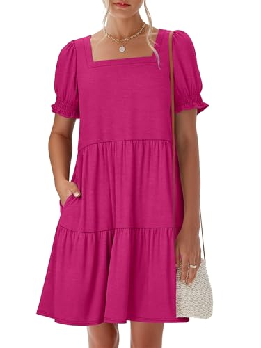 Image of ANRABESS Women Summer Square Neck Puff Short Sleeve Mini Dress 2026 Casual Flowy Sundress Beach Vacation Clothes with Pockets