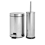 Harbour Housewares 3L Bathroom Bin & Brush Set - Chrome - 2pc Round Stainless Steel Pedal Bin & Toilet Brush Set Slim Small Trashcan for Kitchen Waste, Bathroom Rubbish