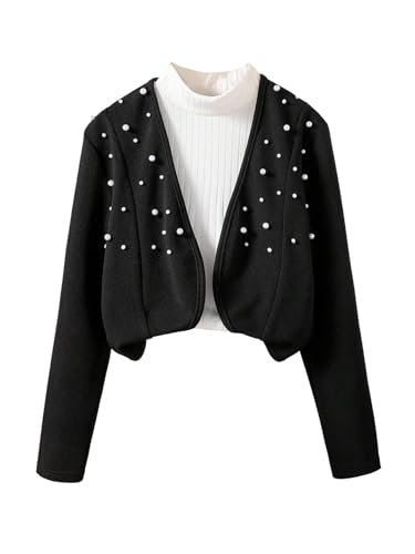 MakeMeChic Girl's Pearl Beaded Long Sleeve Coat Open Front Y2K Short Jacket Outerwear