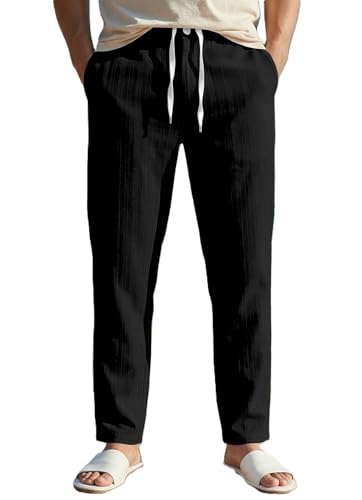 Image of Men's Linen Drawstring Pants, Casual Beach Trousers, Lightweight Breathable