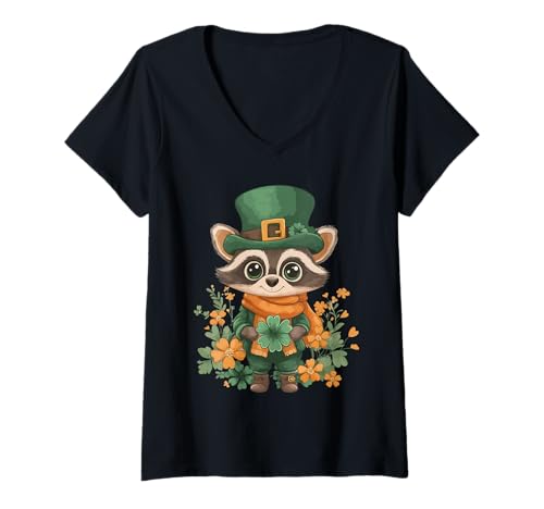 Donna Shamrock Ragazze Ragazzi Bambini Leprechaun St Patricks Day Raccoon Maglietta con Collo a V