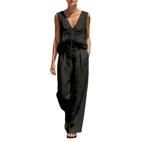 Ensemble coton lin femme été respirant anti-chaleur avec haut long col V et pantalon fluide