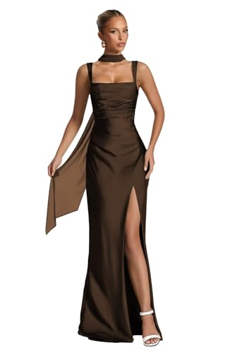 Satin Slit Bridesmaid Dresses Backless Scarf Square Neck Pleats Formal Gowns ZFF038