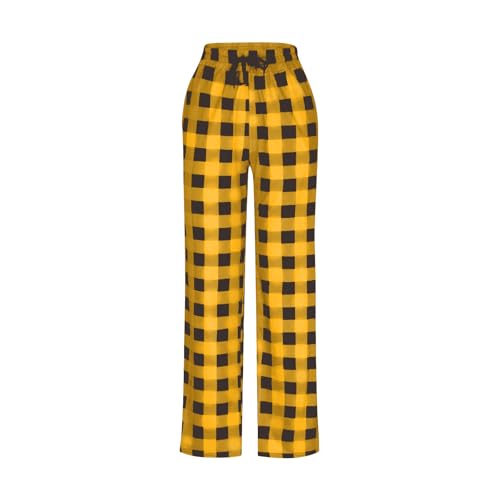 Tobysper Pantalones largos de pijama de franela gruesa para hombre, pantalones largos para el tiempo libre, de algodón, a cuadros, parte inferior de pijama, con bolsillos, amarillo, M