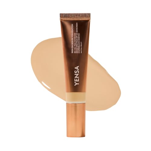 YENSA Skin on Skin BC Foundation Makeup - CC Cream, BB Cream & Full Coverage Foundation-In-One - Buildable, Radiant Finish with SPF 40, Hyaluronic Acid, Peptides & 8 SuperBlacks - Light Warm (1 oz)