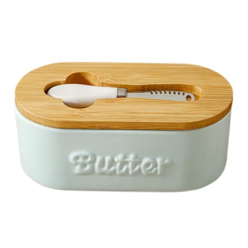 Sizikato Embossed Porcelain Butter Dish with Bamboo Lid, 7.5 Inches