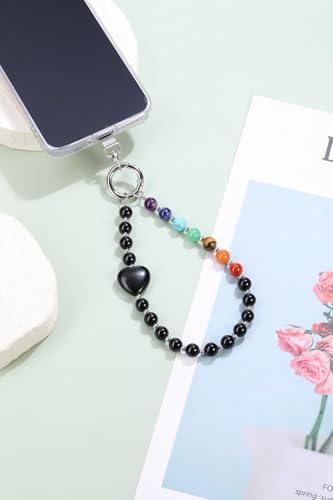 PiercingJak Handykette aus Naturstein, Handmade kurzer Handyanhänger mit Perlen, Beaded Handyband Phone Charm mit passgenauer Lasche, Obsidian+7 Chakra