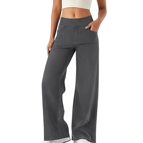 Stretch Jeans for Women Tummy Control Retro Wide Leg Elastic High Waisted Loose Casual Denim Pants with Pockets