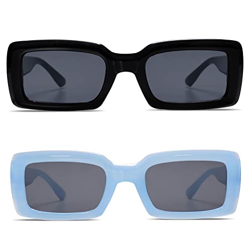 Allarallvr 2 Pack Trendy Rectangle Sunglasses For Women Men Vintage 90'S Square Shades Thick Frame Nude Sunnies Ar82002 With Black+Blue #TOP1