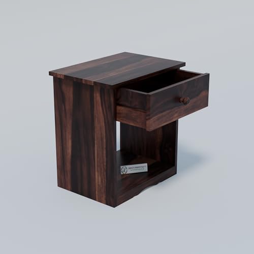 Image of Jangid Handicraft Solid Sheesham Wood Bedside Table with Drawer | Nightstand for Bedroom, Living Room & Home Decor | Wooden Side Table with Storage Shelf & Drawer, Walnut Finish