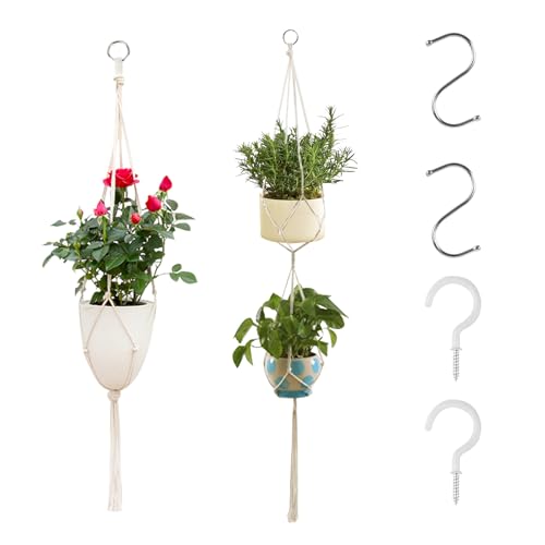 2 Pz Portavasi da Appendere, Macrame Corda Porta Piante da Appenderes, Portavaso da Appendere Interno, Ganci per esterni, portavasi per fiori da balcone, con 2 gancio a S e 2 ganci da soffitto