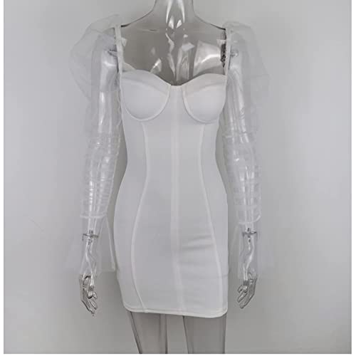Image of Uni Clau Women Sexy Mesh Sheer Puff Long Sleeve Mini Dress Bodycon Deep V Neck Patchwork Party Clubwear Dress