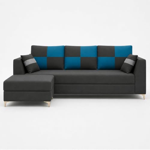 Image of FURNY Signature Cresta 4-Seater L-Shape Sofa Set with Movable Ottoman | Flexible LHS /RHS Layout | Boston Fabric | 40D Foam + Zigzag Spring | 3-Yr Warranty (Dark Gray - Aqua Blue)