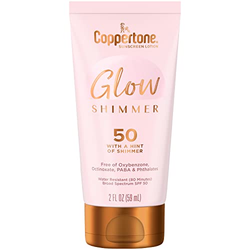 Coppertone Glow Hydrating Sunscreen Lotion with Illuminating Shimmer Minerals and Broad Spectrum SPF 50, Water-resistant, Fast-drying, Free of Parabens, PABA, Phthalates, Oxybenzone, 2 oz