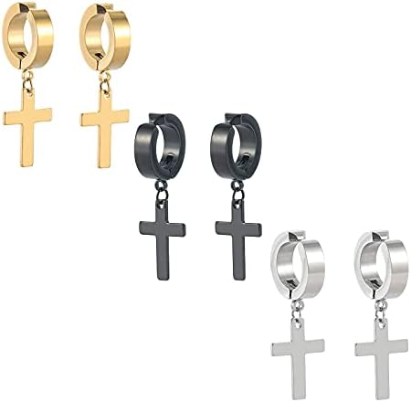 3 Pairs Clip On Dangle Cross Earrings for Men Women Hanging Stainless Steel Black Gold Silver Dangling Cross Earrings