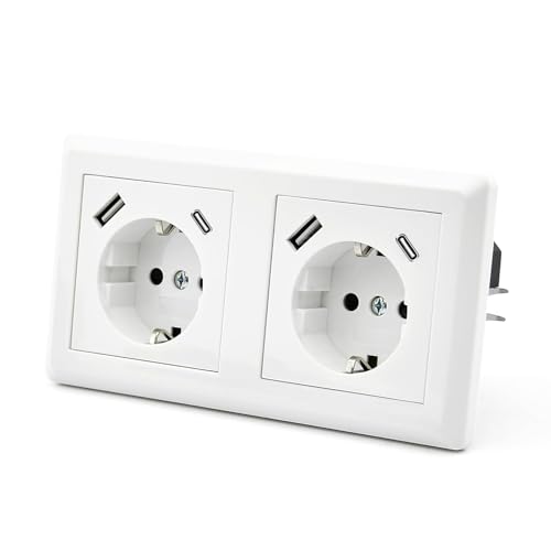 Prise Schuko double encastrée 16A avec plaque de verre cristal blanc