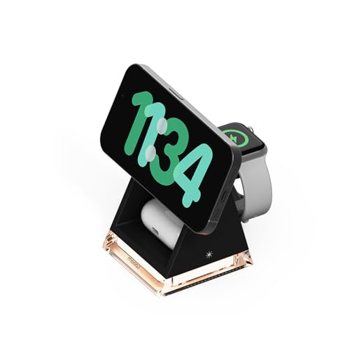 mooas Crystal Lamp 3 in 1 Mag-safe Wireless Charging Stand (Black), 2 Color Nightlight, 3 in 1 wireless charger, Compatible with iPhone 12/13/14/15, Galaxy S21, S22, S23, S24, Apple watch Galaxy watch