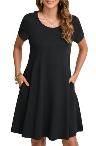 Enmain Schwarz Kleider Damen Sommer Kurzarm Knielänge T-Shirt Kleid Elegant Lässiges Boho Strandkleid mit Taschen, Schwarz, 3XL