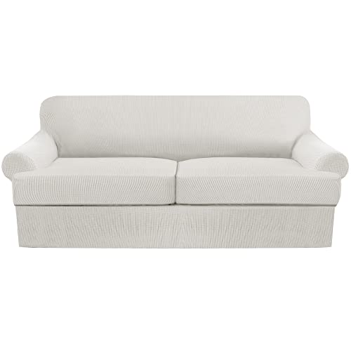 GAMUKAI 3-Piece T-Cushion Sofa Slipcover – Premium Stretch Sofa Cover for T-Cushion Couches (Fits Up to 90" Wide) – Includes 2 T-Shaped Seat Covers + Back Cover (White, Love seat XL)