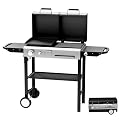 Bonnlo Propane Flat Top Griddle and Charcoal Grill Combo with Lid, Powerful 12,000 BTU Grills with Side Shelves & Foldable Legs, 4 Burners Grill with Movable Wheels for Outdoor BBQ Camping Use